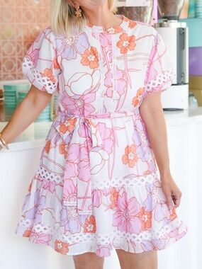 J.Marie Mollie Tie Dress Pink Floral Tiered Mini Lace Trim Size Small